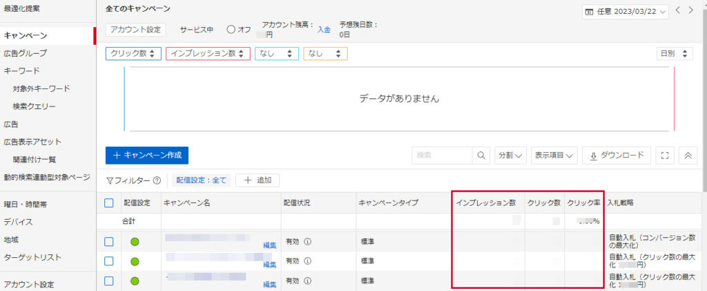 Yahoo!広告の表示回数（インプレッション数）確認方法