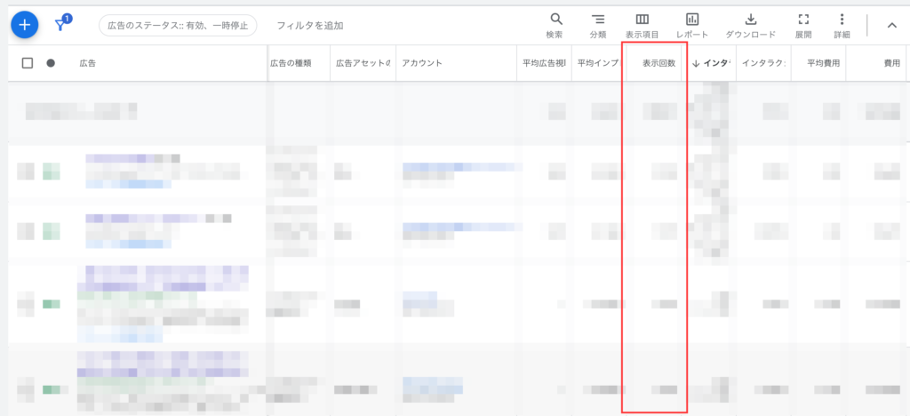Google広告の表示回数（インプレッション数）確認画面