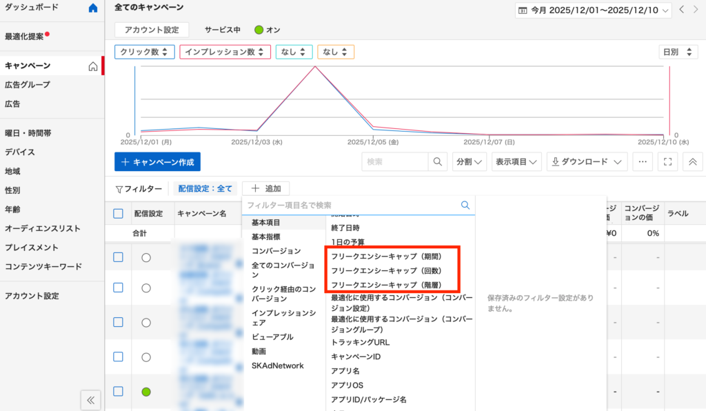 Yahoo!広告の管理画面で平均フリークエンシー回数を確認する方法